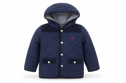 Front view of JoJo Maman Bébé boys’ blue 18-24 months quilted hooded jacket