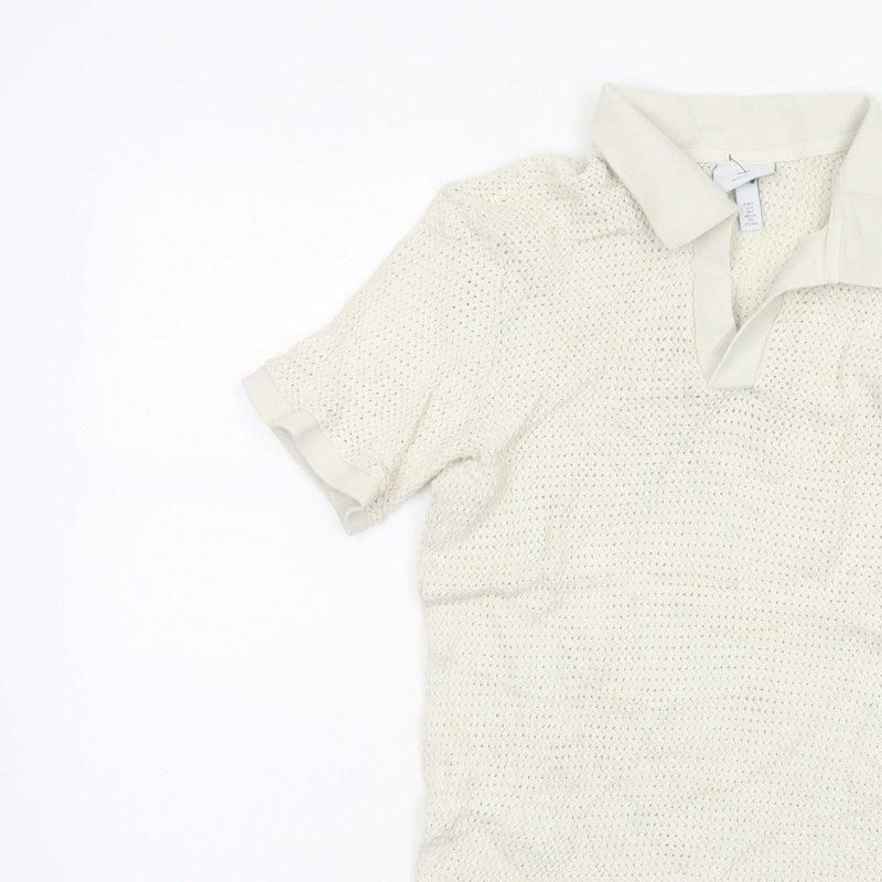 H&M Women Ivory Size 8 Regular Fit Knit Cotton Short Sleeve Polo Top