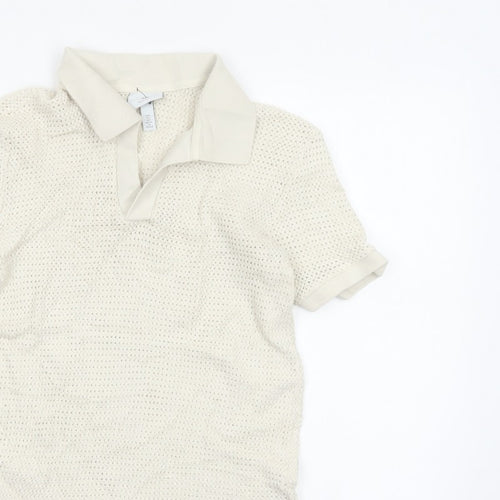 H&M Women Ivory Size 8 Regular Fit Knit Cotton Short Sleeve Polo Top