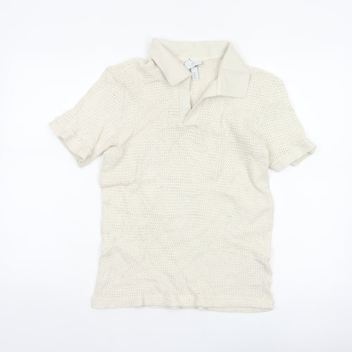 H&M Women Ivory Size 8 Regular Fit Knit Cotton Short Sleeve Polo Top
