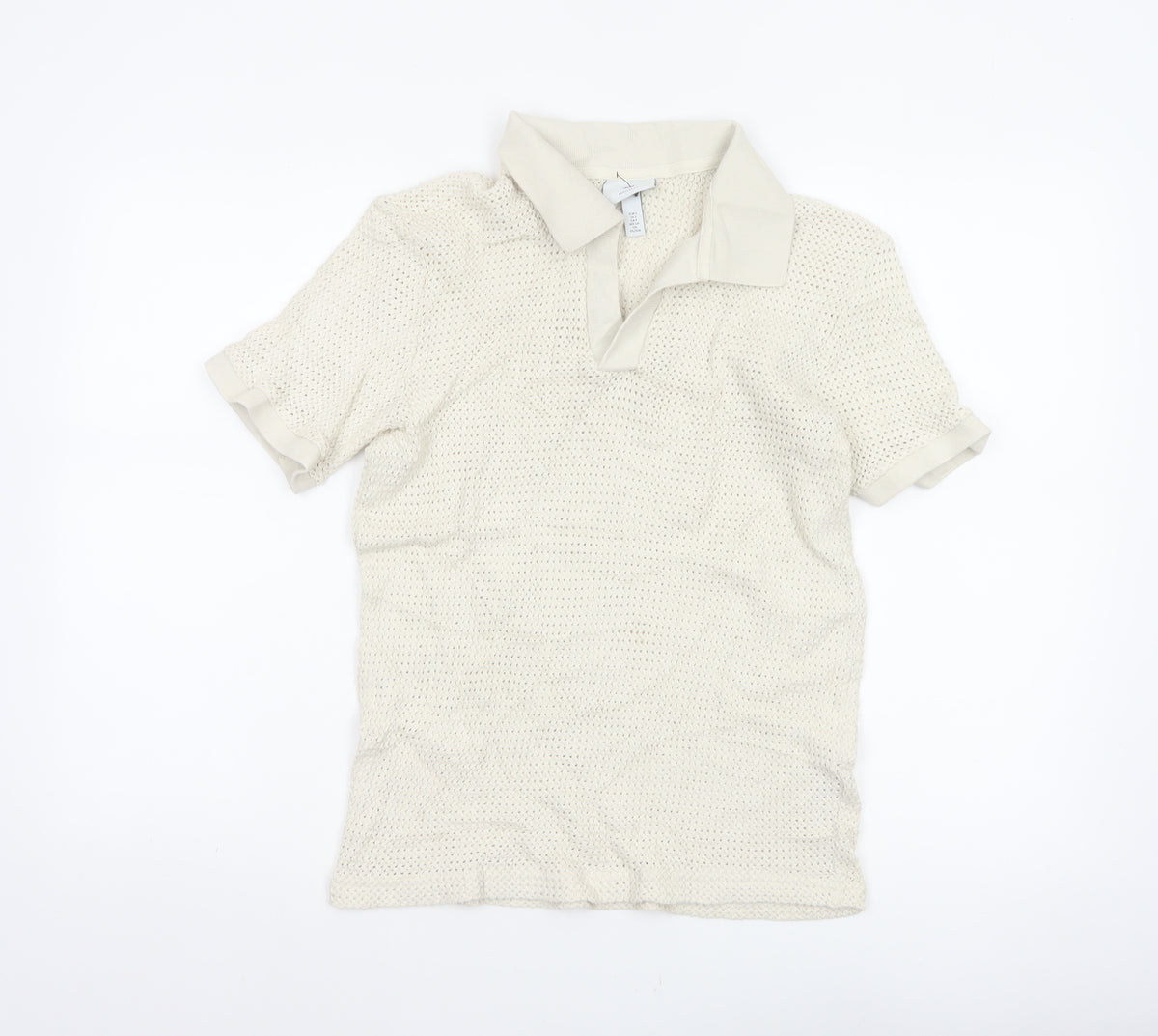 H&M Women Ivory Size 8 Regular Fit Knit Cotton Short Sleeve Polo Top
