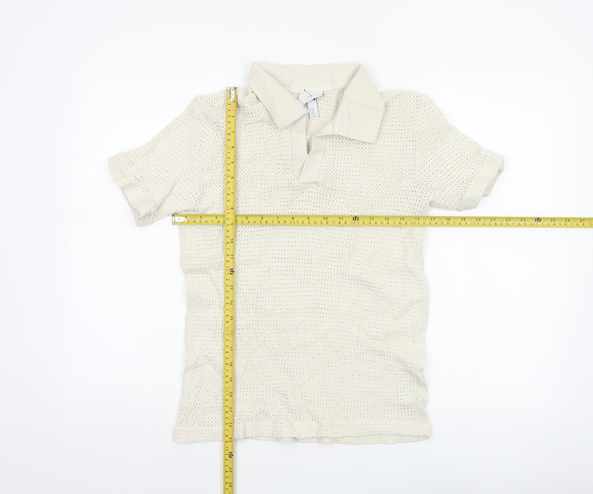 H&M Women Ivory Size 8 Regular Fit Knit Cotton Short Sleeve Polo Top
