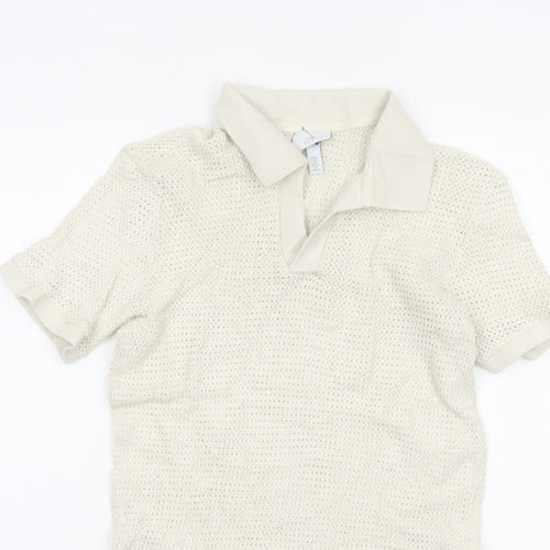 H&M Women Ivory Size 8 Regular Fit Knit Cotton Short Sleeve Polo Top