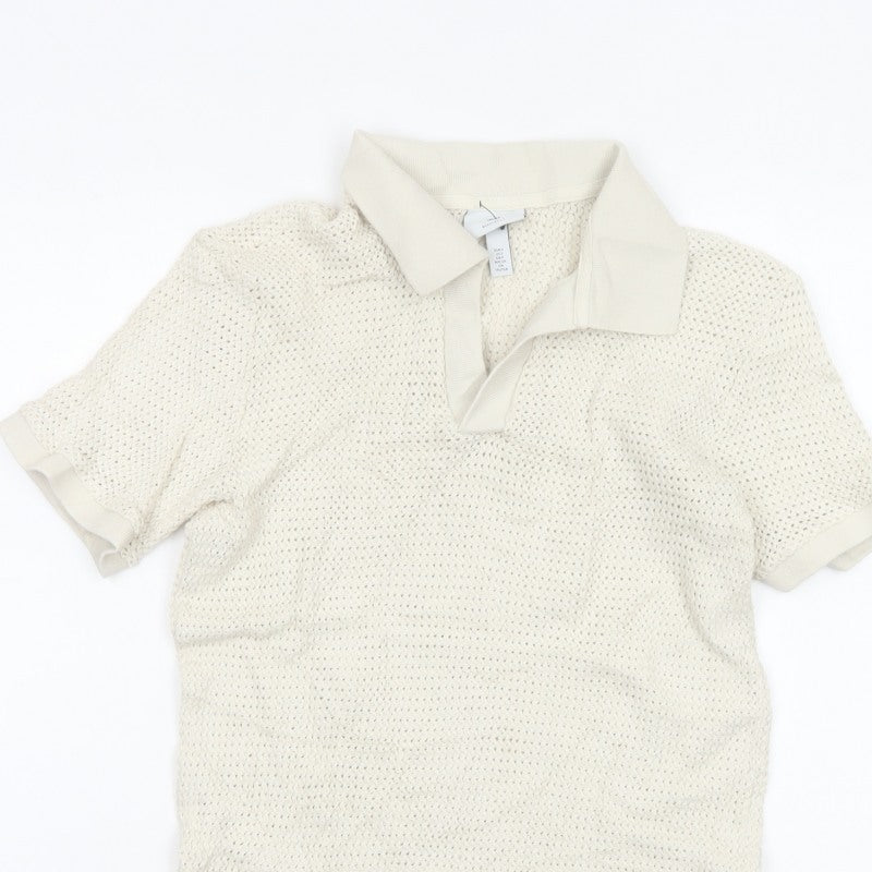 H&M Women Ivory Size 8 Regular Fit Knit Cotton Short Sleeve Polo Top