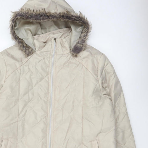 Anne De Lancay Women's Beige L Quilted Puffer Hooded Faux Fur Coat