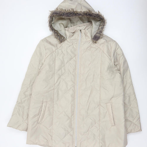 Anne De Lancay Women's Beige L Quilted Puffer Hooded Faux Fur Coat