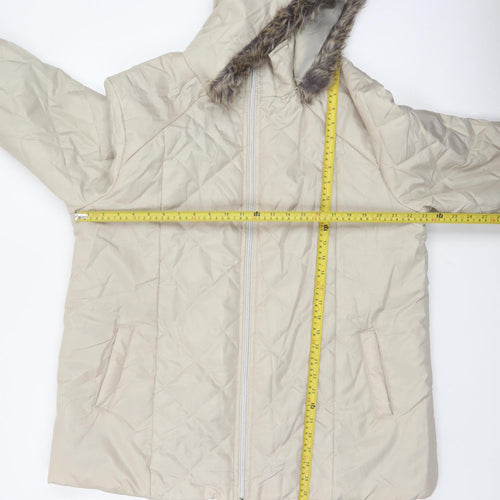 Anne De Lancay Women's Beige L Quilted Puffer Hooded Faux Fur Coat