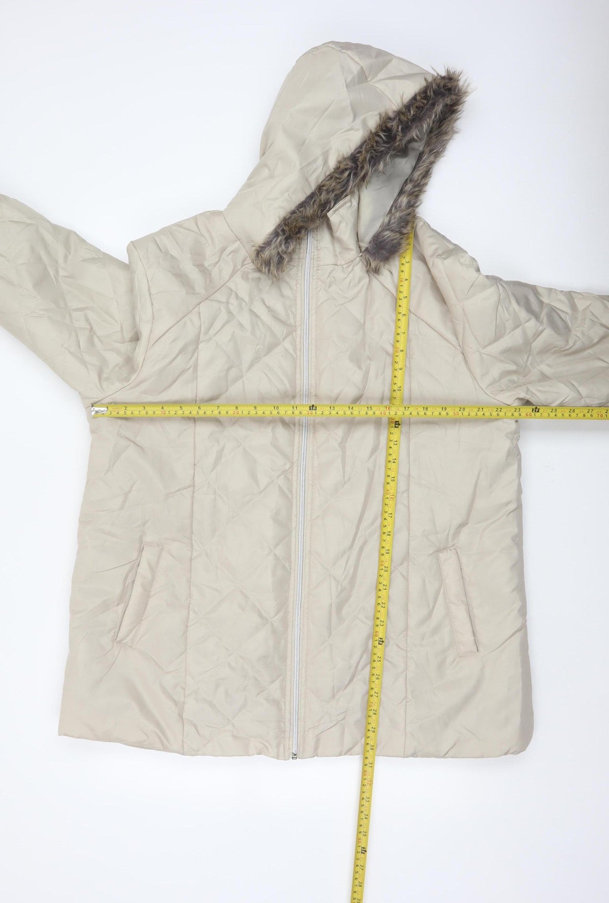 Anne De Lancay Women's Beige L Quilted Puffer Hooded Faux Fur Coat