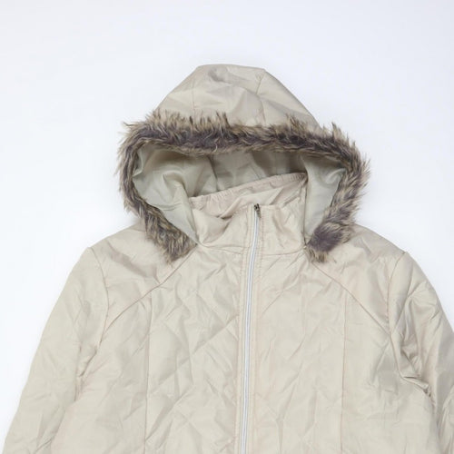 Anne De Lancay Women's Beige L Quilted Puffer Hooded Faux Fur Coat