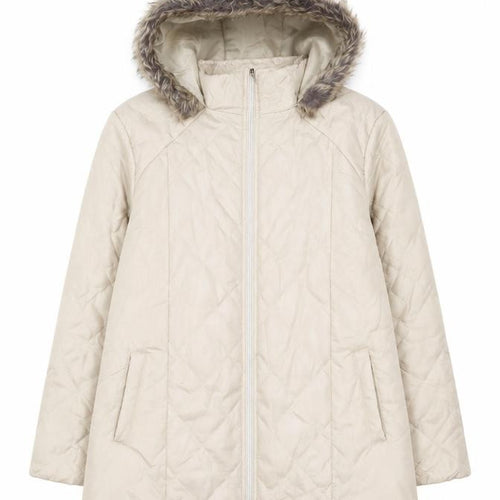 Anne De Lancay Women's Beige L Quilted Puffer Hooded Faux Fur Coat