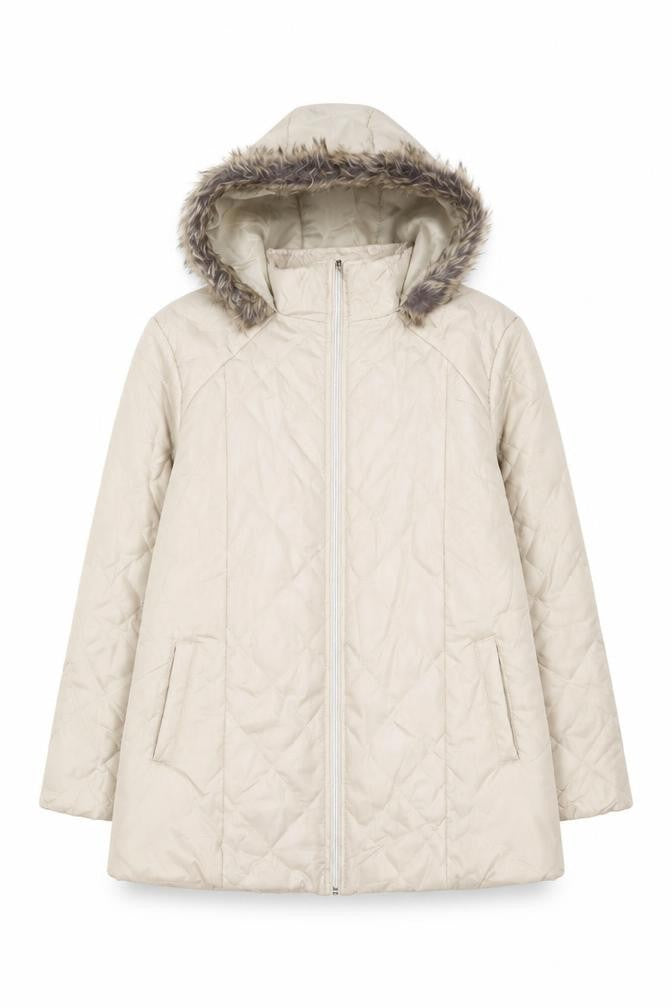 Anne De Lancay Women's Beige L Quilted Puffer Hooded Faux Fur Coat