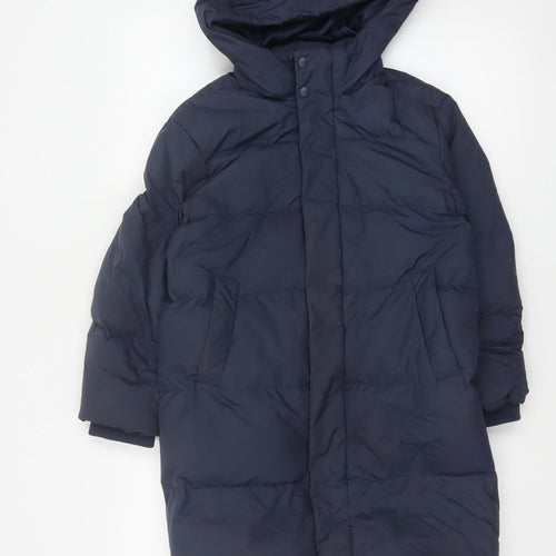 Uniqlo Boys Blue 7-8 Years Long Hooded Down Puffer Coat