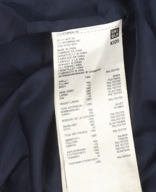 Uniqlo Boys Blue 7-8 Years Long Hooded Down Puffer Coat