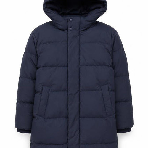 Uniqlo Boys Blue 7-8 Years Long Hooded Down Puffer Coat