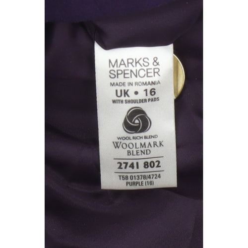 Marks and Spencer Women Purple UK 16 Wool Blend Mid-Length Overcoat