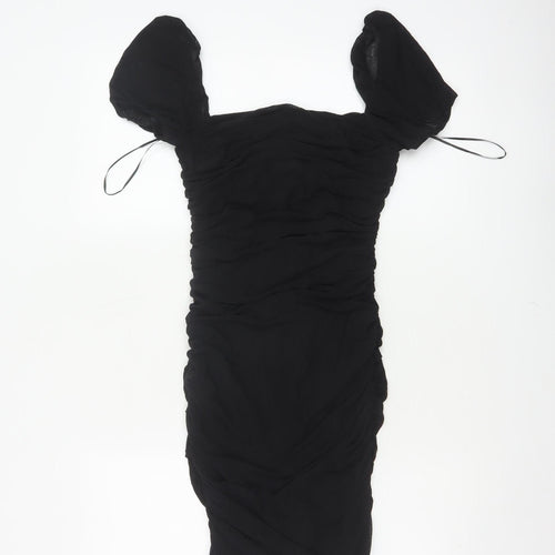 Kiss The Sky Women Black S Ruched Puff Sleeve Bodycon Party Dress