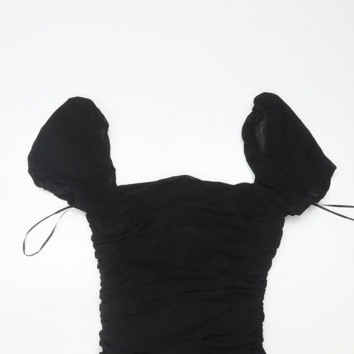 Kiss The Sky Women Black S Ruched Puff Sleeve Bodycon Party Dress