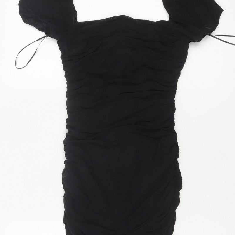 Kiss The Sky Women Black S Ruched Puff Sleeve Bodycon Party Dress