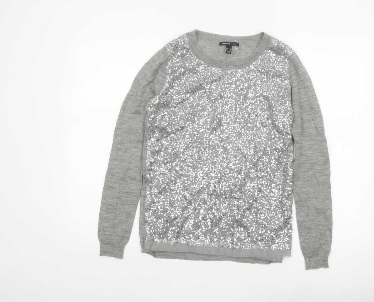 Back view of Mango Women Grey M Sequin Front Long Sleeve Knit jumper