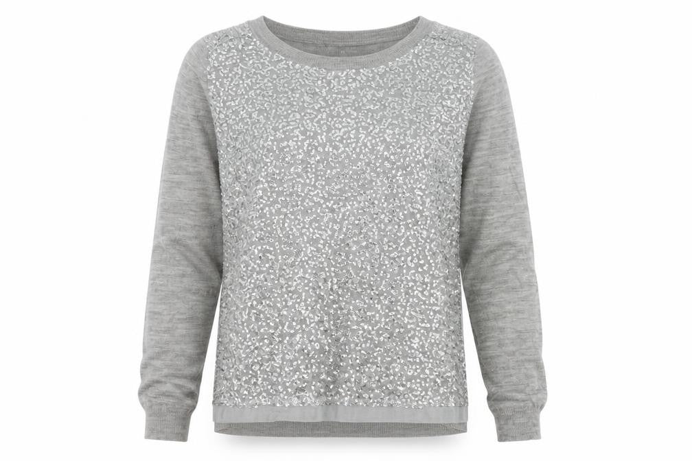 Front view of Mango Women Grey M Sequin Front Long Sleeve Knit jumper