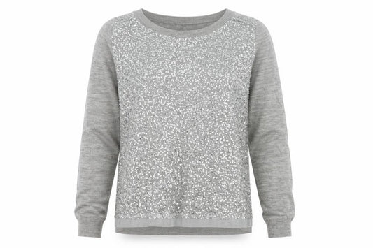 Mango Women Grey M Sequin Front Long Sleeve Knit Pullover Jumper