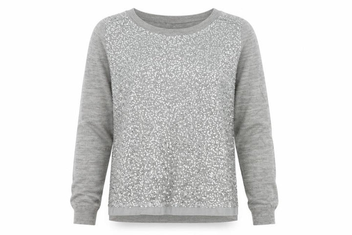 Mango Women Grey M Sequin Front Long Sleeve Knit Pullover Jumper