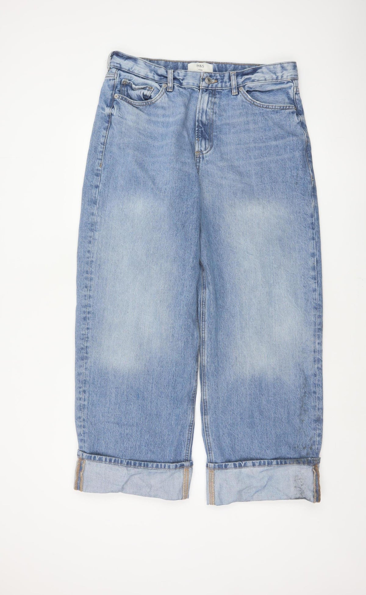 M&S Women Blue UK 16 Wide Leg High Rise Cuffed Jeans