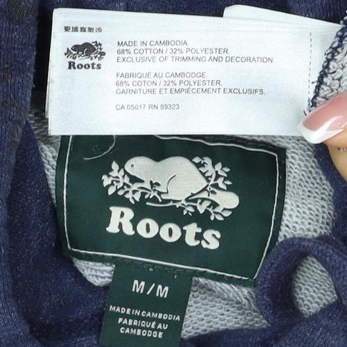 Roots Men’s Blue Logo Pullover Hoodie Size M Cotton Blend