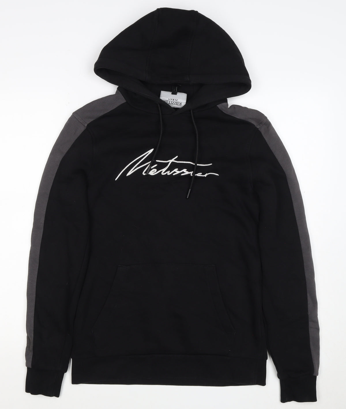 Back view of Metissier Paris Men’s Black Grey XS Pullover Hoodie Logo Pocket