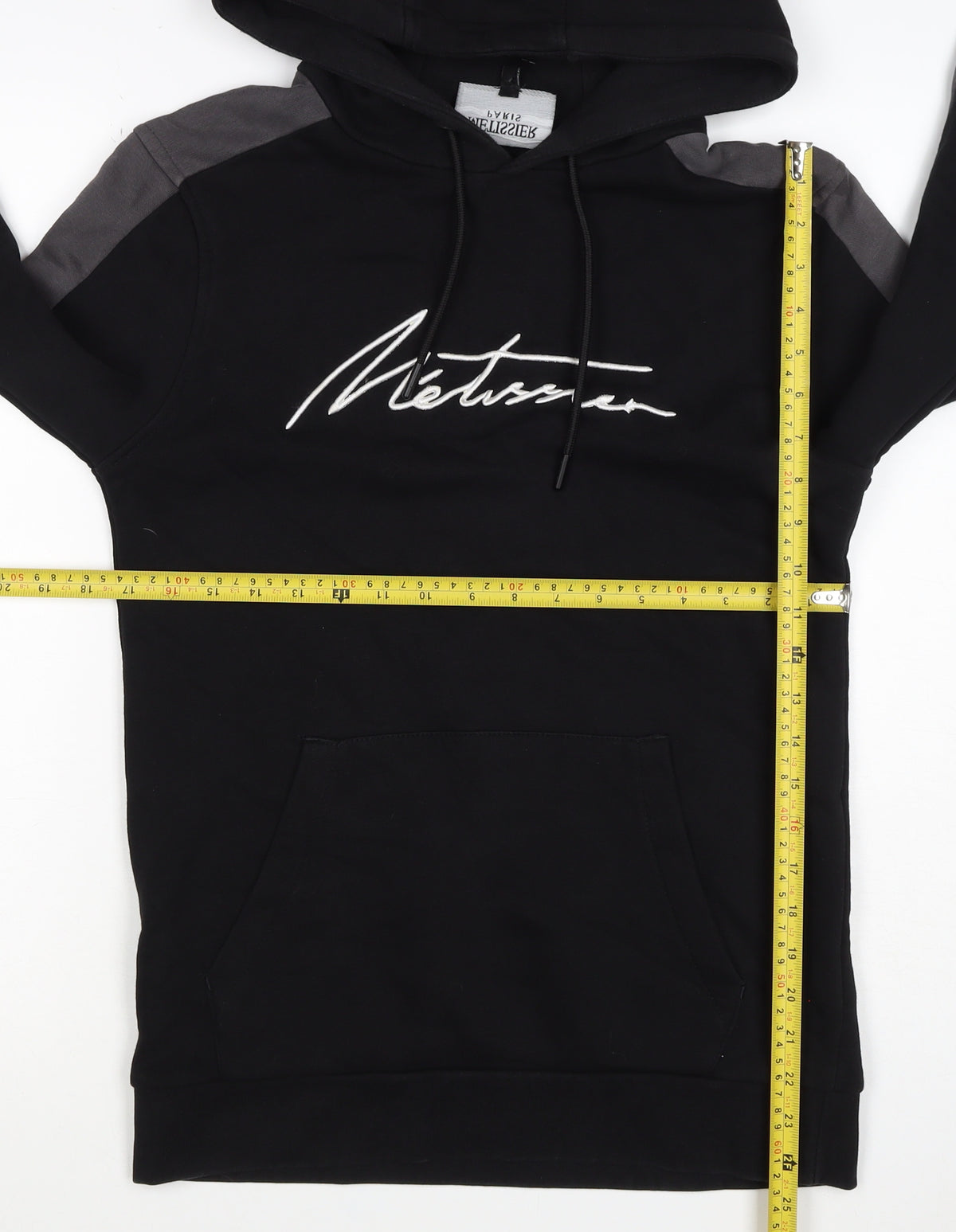 Brand and care label for Metissier Paris Men’s Black Grey XS Pullover Hoodie Logo Pocket