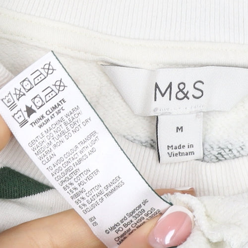 Marks & Spencer Women's White Green Stripe M Pullover Sweatshirt