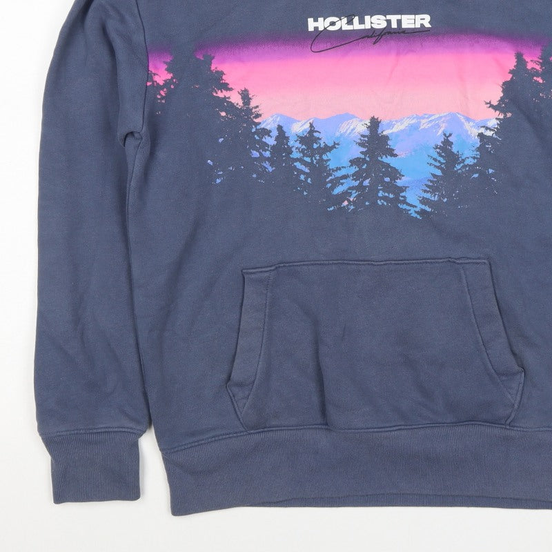 Hollister Men’s Blue S Pullover Hoodie Graphic Mountain Logo Pockets