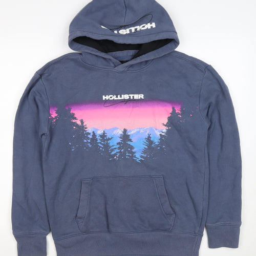 Hollister Men’s Blue S Pullover Hoodie Graphic Mountain Logo Pockets