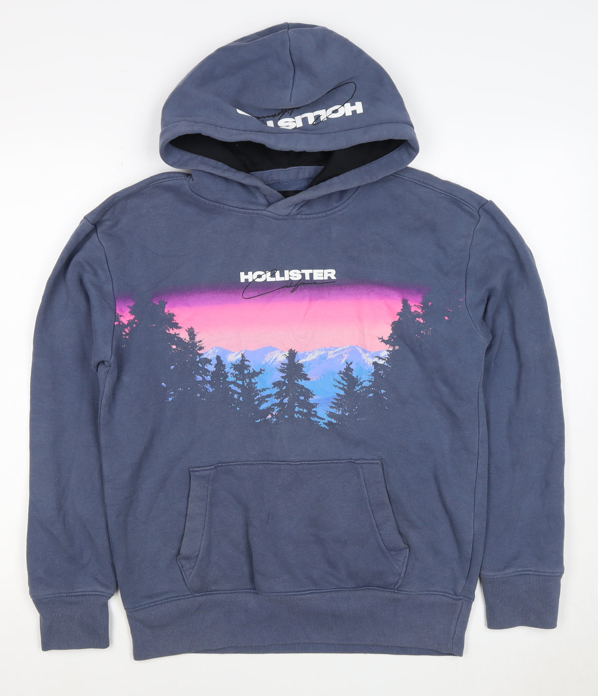 Hollister Men’s Blue S Pullover Hoodie Graphic Mountain Logo Pockets