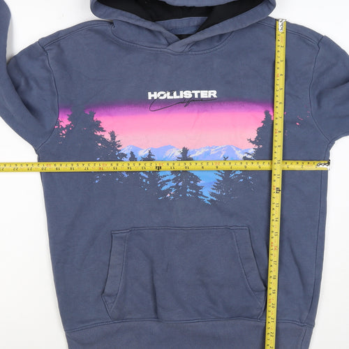 Hollister Men’s Blue S Pullover Hoodie Graphic Mountain Logo Pockets