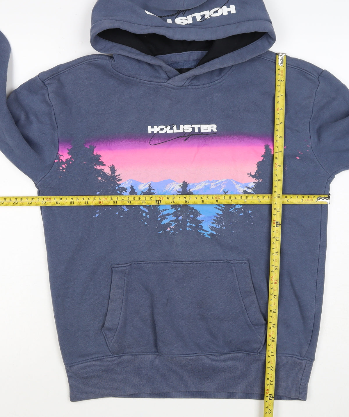 Hollister Men’s Blue S Pullover Hoodie Graphic Mountain Logo Pockets