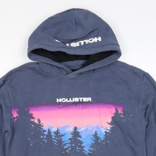 Hollister Men’s Blue S Pullover Hoodie Graphic Mountain Logo Pockets