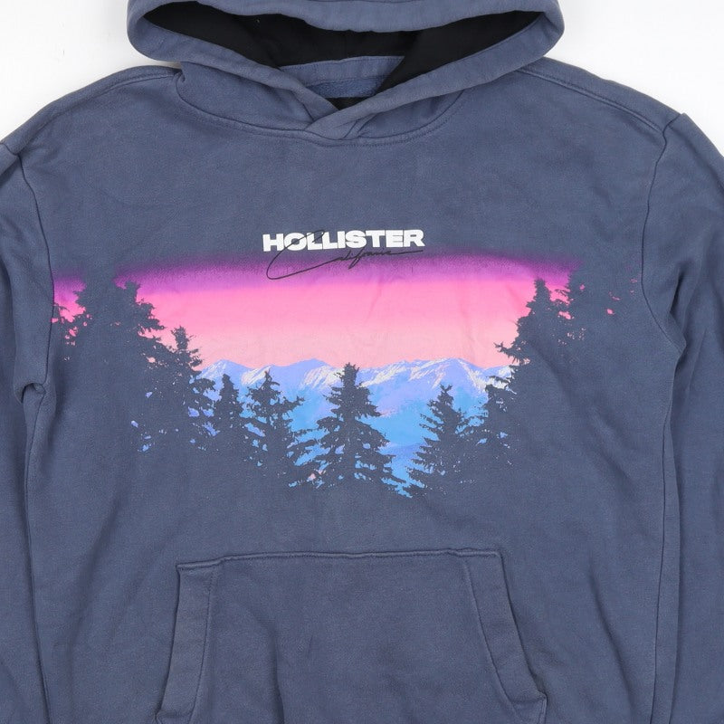 Hollister Men’s Blue S Pullover Hoodie Graphic Mountain Logo Pockets