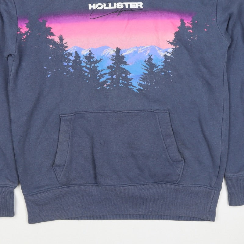 Hollister Men’s Blue S Pullover Hoodie Graphic Mountain Logo Pockets