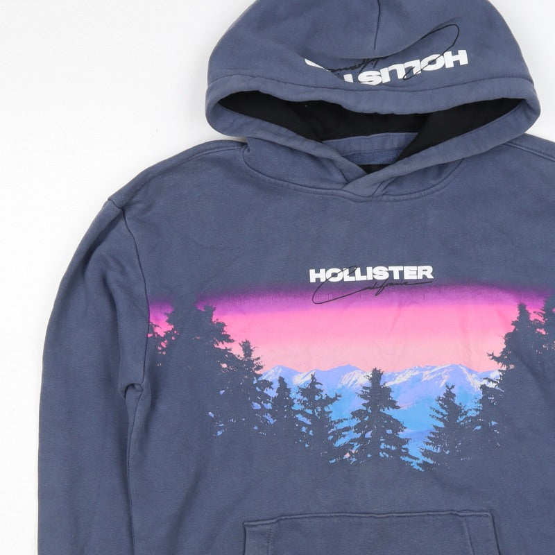 Hollister Men’s Blue S Pullover Hoodie Graphic Mountain Logo Pockets