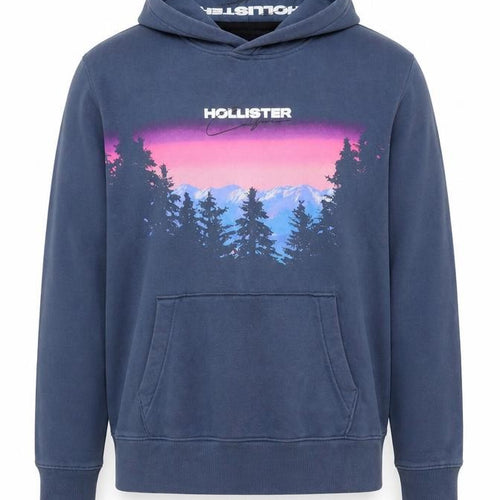 Hollister Men’s Blue S Pullover Hoodie Graphic Mountain Logo Pockets