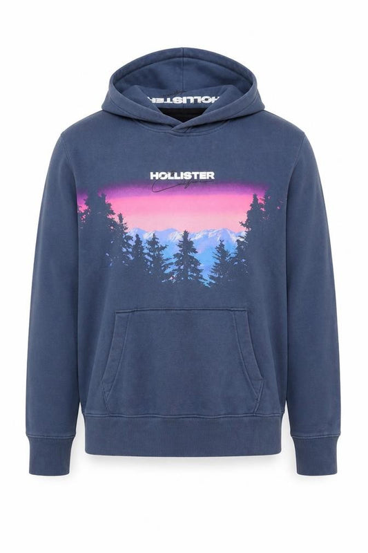 Hollister Men’s Blue S Pullover Hoodie Graphic Mountain Logo Pockets