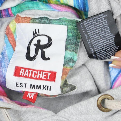 Ratchet Men’s Grey Multicoloured Hoodie M Pullover Graphic Print