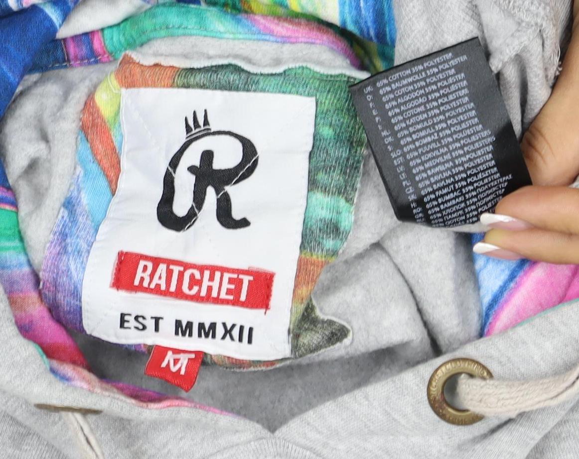 Ratchet Men’s Grey Multicoloured Hoodie M Pullover Graphic Print