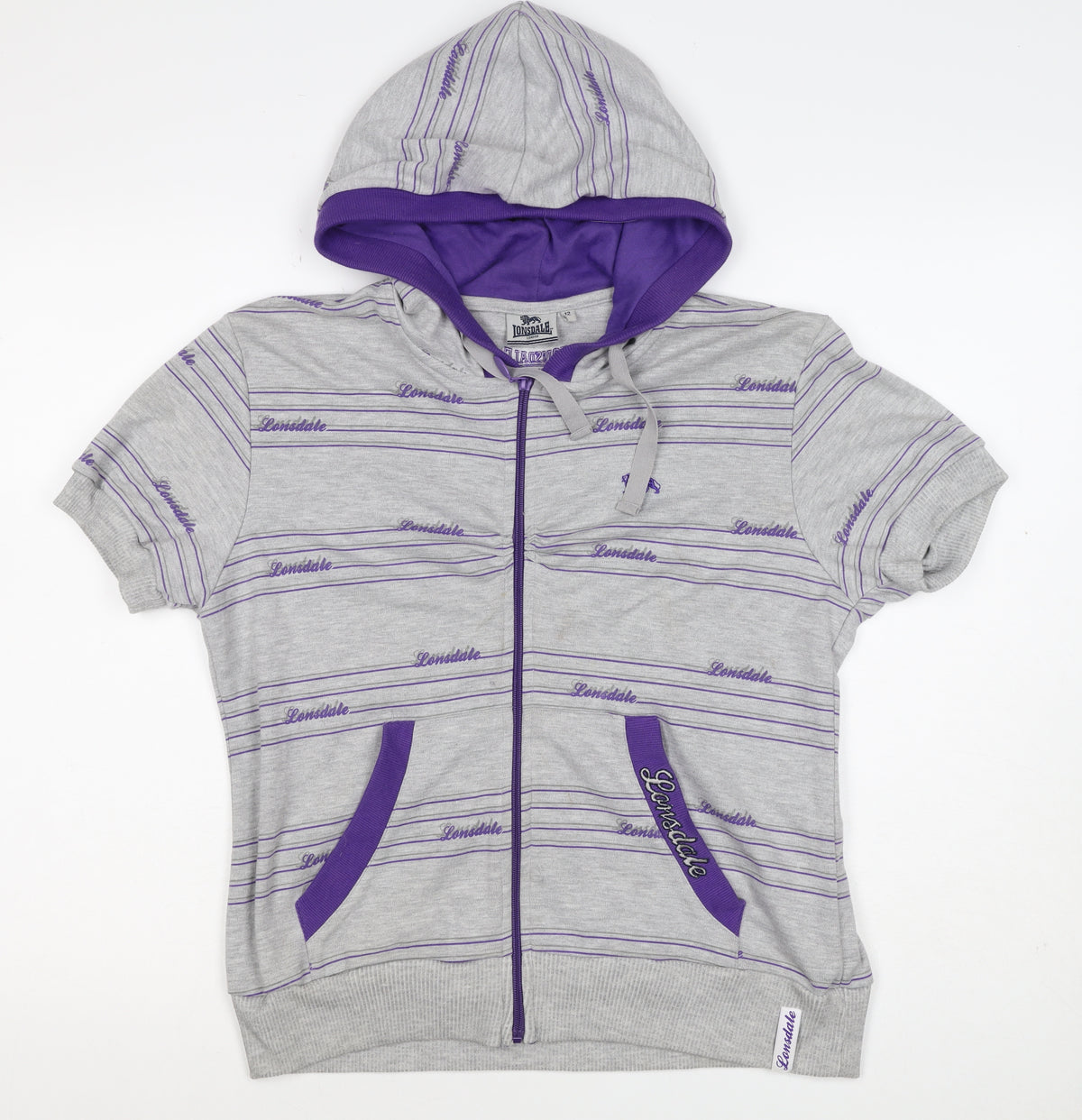 Lonsdale Women’s Grey Purple Striped Logo Full Zip Hoodie UK 12