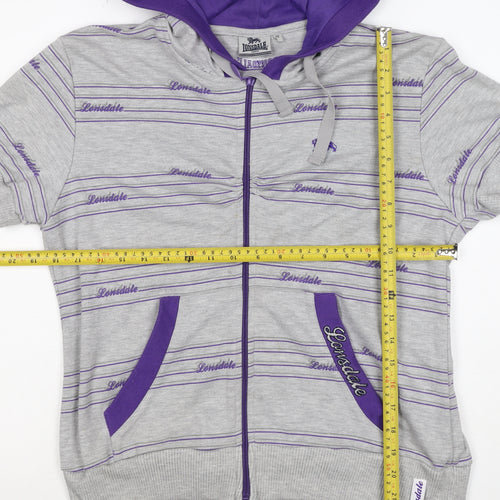 Lonsdale Women’s Grey Purple Striped Logo Full Zip Hoodie UK 12