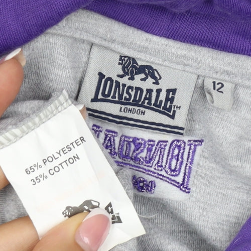 Lonsdale Women’s Grey Purple Striped Logo Full Zip Hoodie UK 12