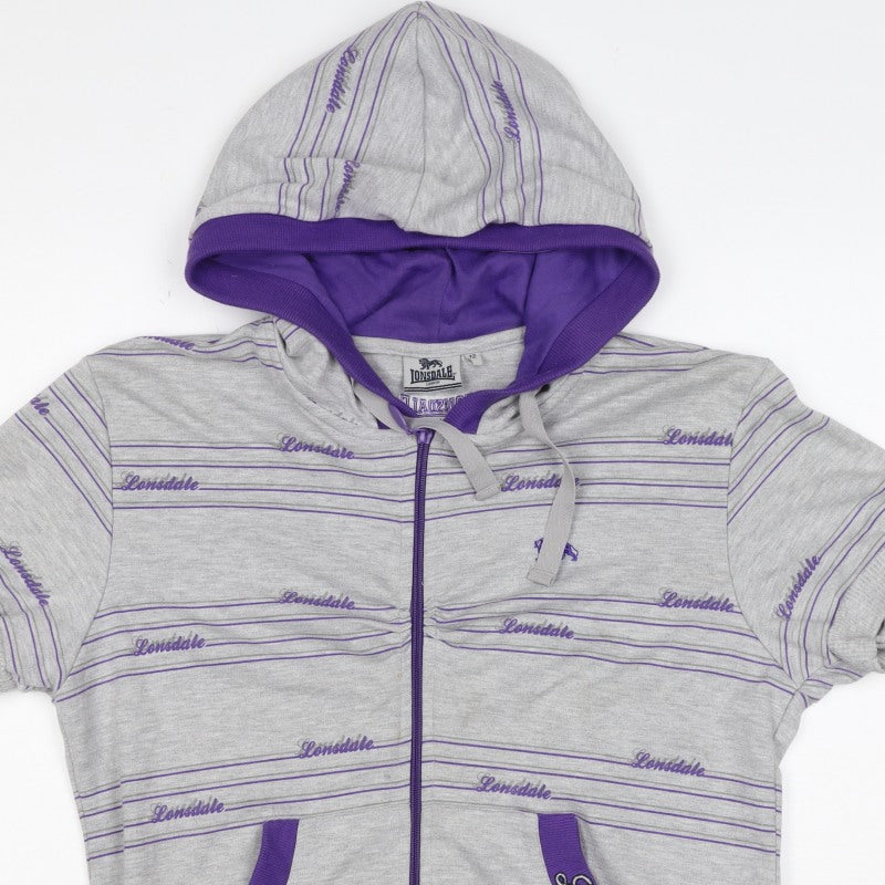 Lonsdale Women’s Grey Purple Striped Logo Full Zip Hoodie UK 12