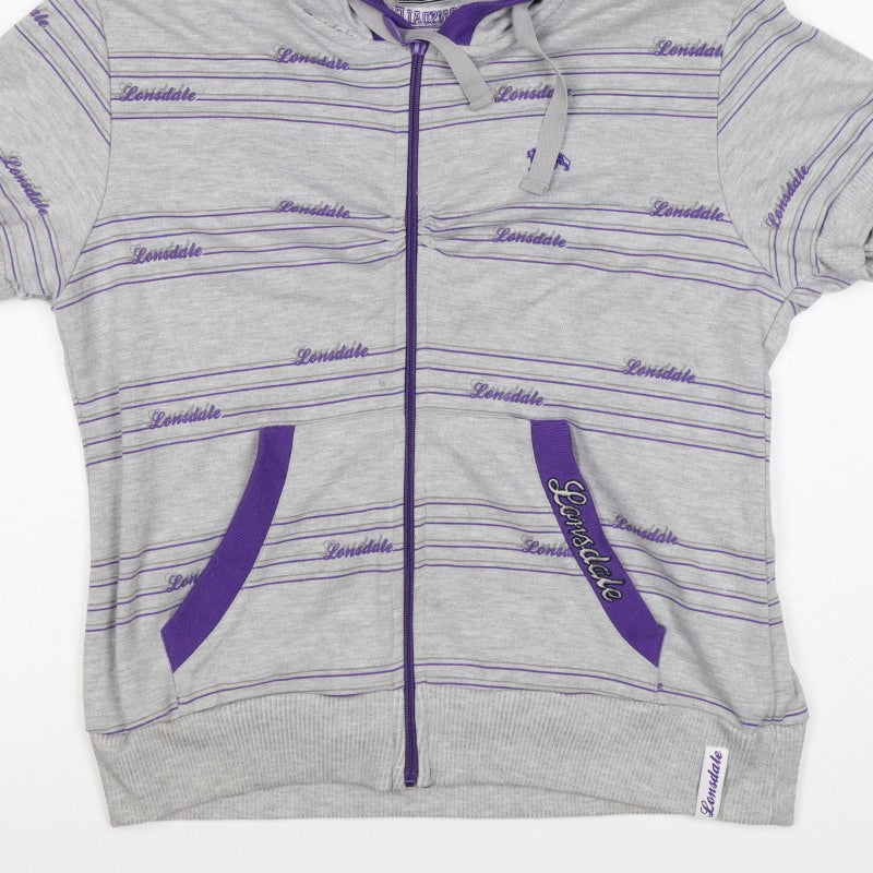 Lonsdale Women’s Grey Purple Striped Logo Full Zip Hoodie UK 12