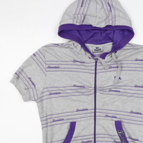 Lonsdale Women’s Grey Purple Striped Logo Full Zip Hoodie UK 12